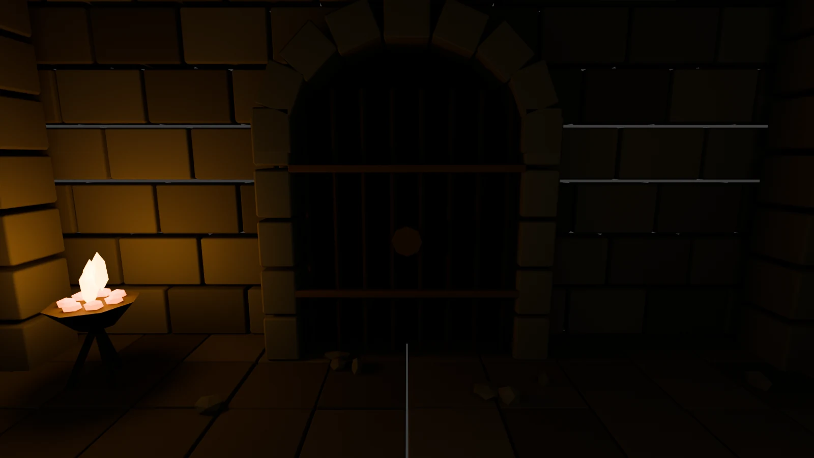 A dark stone dungeon lit by a dying brazier